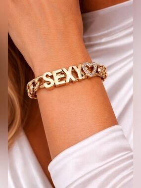 Gold Tone “SEXY” Charm Bracelet – Chunky Chain Link Heart Rhinestone Y2K Glam